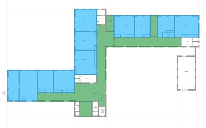 <p>Huidige plattegrond van de begane grond van gebouw 3 met in kleur de verschillende functies weergegeven.</p>

<p>Groen: gangstructuur<br />
Blauw: kantoren</p>
